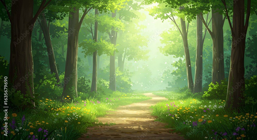Obraz premium Enchanting forest path bathed in ethereal light, a vibrant tapestry of nature's artistry unfolds