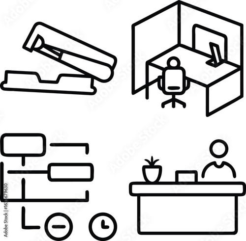 Four simple line art icons depict a stapler, a desk with a computer, a flowchart, and a reception desk with a person.