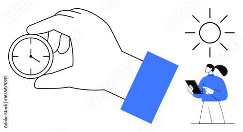 Stopwatch in hand emphasizing time tracking, woman holding tablet representing productivity and analysis. Ideal for time management, efficiency, innovation, work outcomes, scheduling, planning