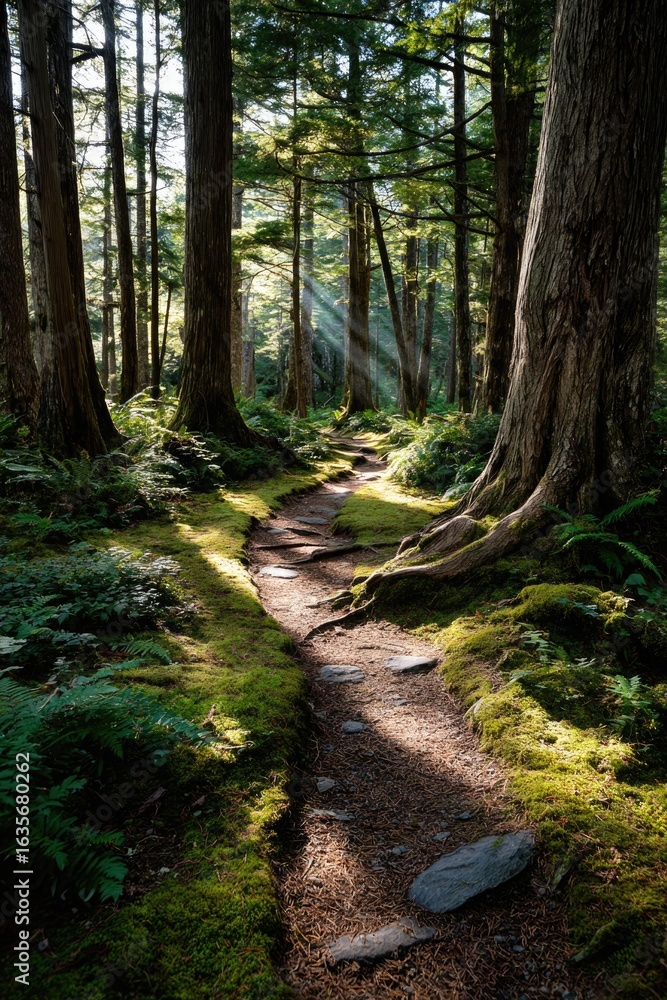 Obraz premium forest through towering trees whose thick trunks disappear into a lush canopy overhead