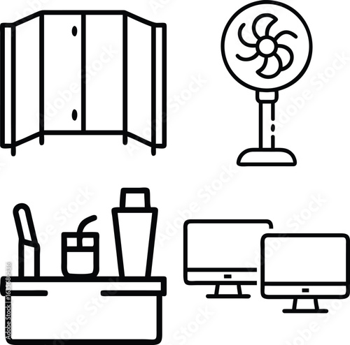 A collection of simple line art icons depicting common office and home workspace elements like a room divider, fan, desk accessories, and computer monitors.