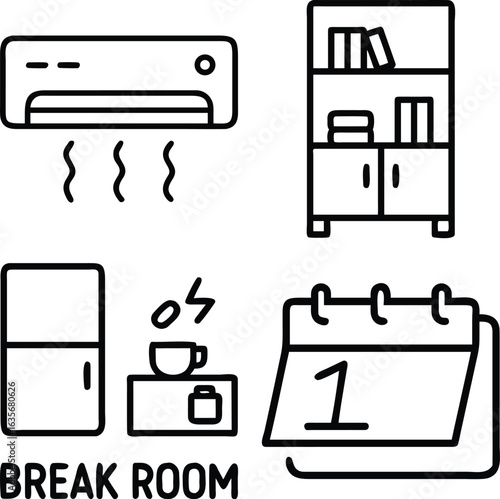 A collection of simple line art icons depicting elements commonly found in a break room, including an AC unit, bookshelf, refrigerator, coffee station, and calendar.