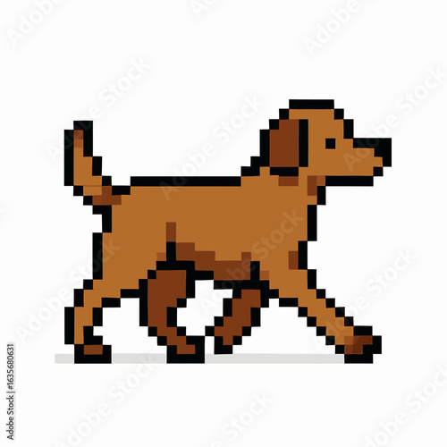 Pixelated brown dog walking with confident stride, perfect for retro gaming designs and pet branding