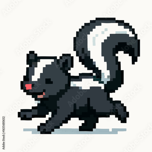Charming pixel art skunk character with a happy expression, perfect for playful designs