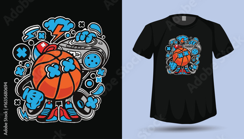 Urban Cartoon Basketball Character T-Shirt Design Vector, Hip Hop Street Style Sports Illustration

