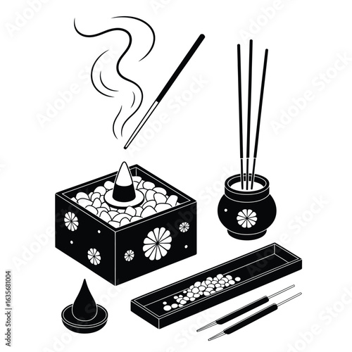 Japanese incense ceremony set with incense box, charcoal holder, tweezers, ash scoop, and scent guide in black and white vector style