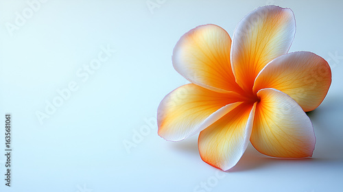 Wallpaper Mural A single, delicate plumeria flower with yellow and orange petals rests on a smooth, light blue surface. Torontodigital.ca