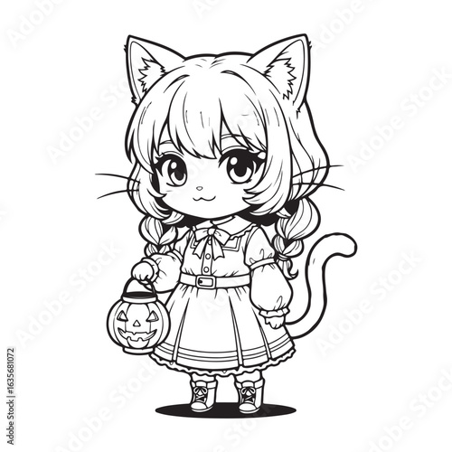 Chibi cat girl in dress holding halloween pumpkin outline