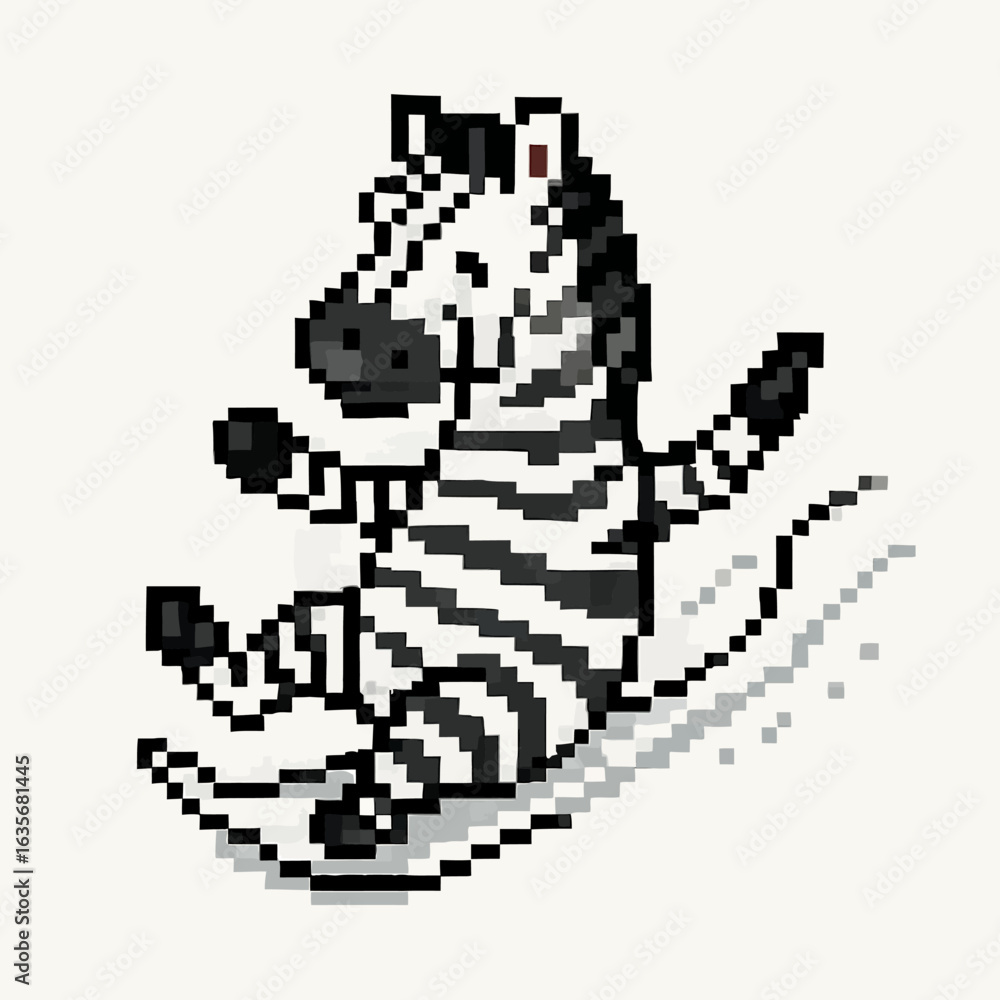 Fototapeta premium Retro pixel art zebra joyfully snowboarding down a snowy slope with enthusiasm