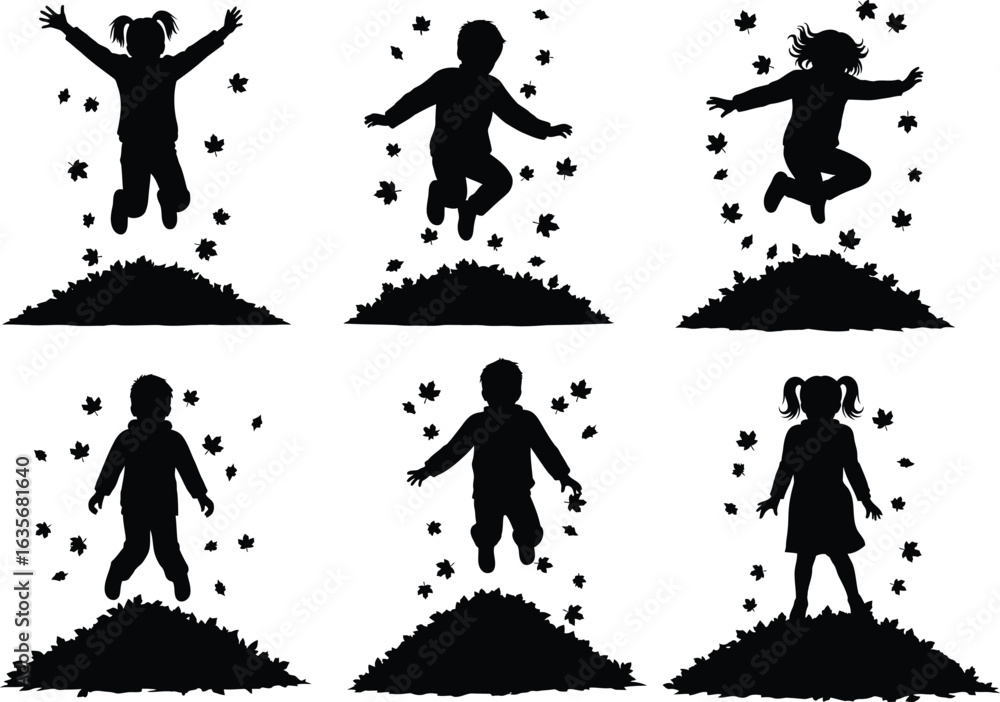 Φωτογραφία Vector art of silhouette of children jumping into a pile of autumn leaves isolat