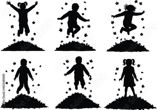 Vector art of silhouette of children jumping into a pile of autumn leaves isolated on white background vector
