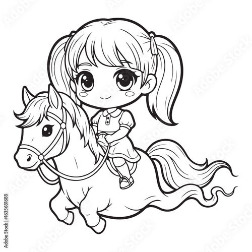 Chibi girl riding a horse outlined in black and white style