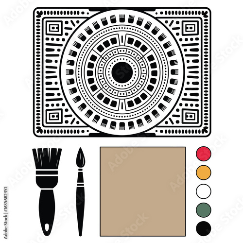 Mayan wall mural painting set with natural pigments, flat brush, plaster board, stone stencil, and color palette black and white vector