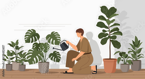 Side profile of a person kneeling, watering large potted plants in a bright, minimalist room with a calm and serene atmosphere. Flat illustration style.