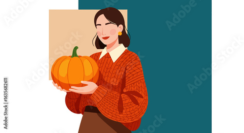 Smiling woman holding a ripe orange pumpkin in a flat-lay illustration against a teal and beige background, conveying a warm autumnal mood.