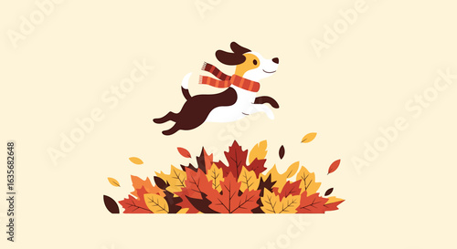 Happy dog jumping into a pile of autumn leaves, flat lay illustration with warm colors against a beige background.
