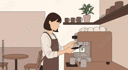 Side profile illustration of a barista operating an espresso machine in a calm, minimalist coffee shop, featuring earth-toned colors.