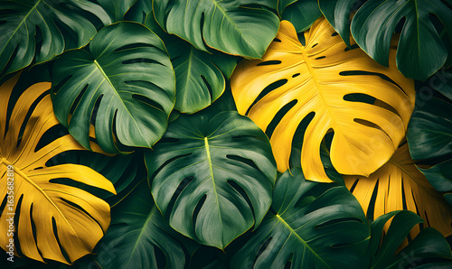 Lush green and vibrant yellow Monstera leaves create a beautiful tropical background.