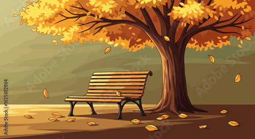 Autumnal park scene: empty wooden bench under a large tree with falling yellow leaves, illustrated in warm, earthy tones.