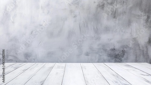 Empty room scene with light gray textured wall and white wooden floor
