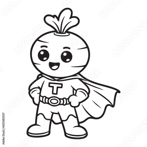 Cartoon turnip superhero with cape in black and white line