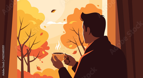 A man holds a warm cup of coffee while looking out a window at a beautiful, sunny autumn landscape with falling leaves.