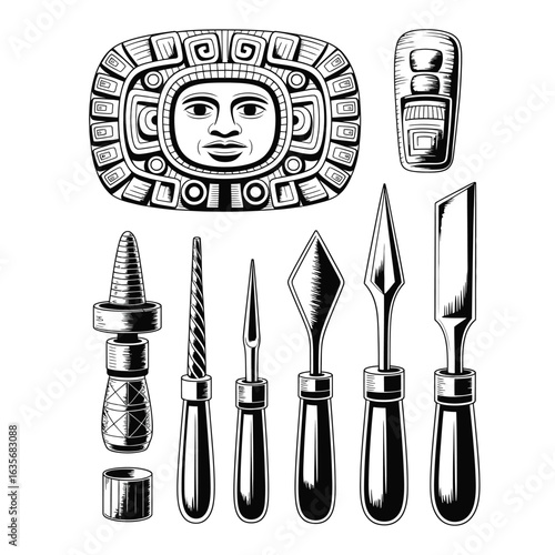 Mayan jade carving set with jade piece, hand drill, polishing wax, motif guide, chisel, and design sketch black and white vector