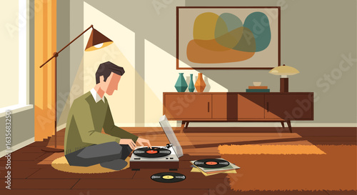 A man sits on the floor of a sunlit, mid-century modern living room, playing a vinyl record on a turntable.