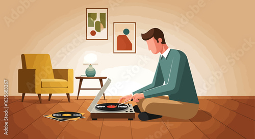 A man sits on the floor of his cozy living room, carefully placing a vinyl record on a turntable.