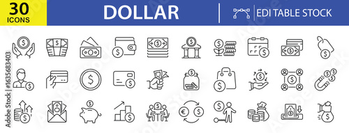 Dollar Icon Set: A comprehensive icon set visually depicting finance concepts like wealth and investment, designed for both print and digital media