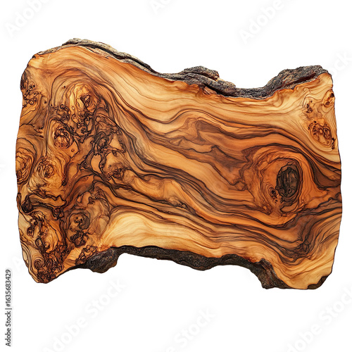 Natural olive wood slab with bark isolated on transparent background