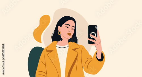 Flat lay illustration of a young woman taking a selfie with her smartphone, wearing a mustard yellow coat, against a minimalist beige background with abstract shapes,