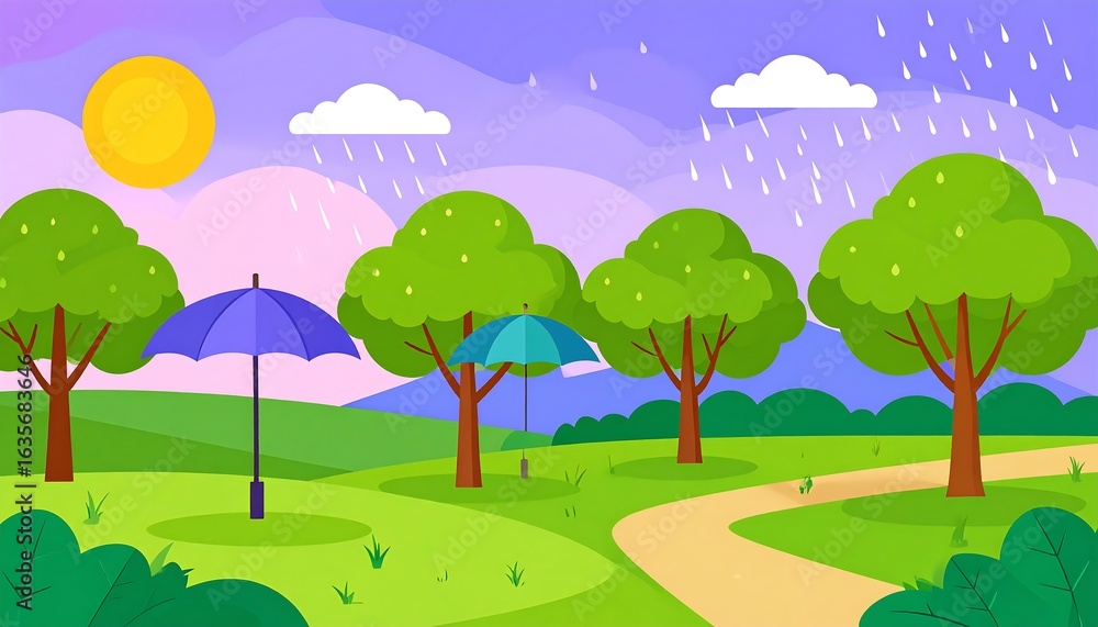 Fototapeta premium Park scene with umbrellas during a light rain.