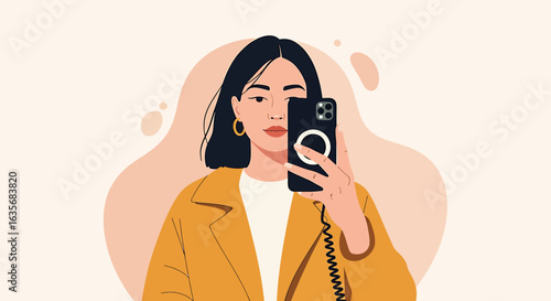 An illustration of a stylish young woman with dark hair taking a mirror selfie with her smartphone.