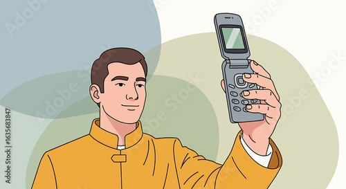 A man takes a selfie with an old flip phone, illustrated in a minimalist style with muted, earthy tones against a pastel background.