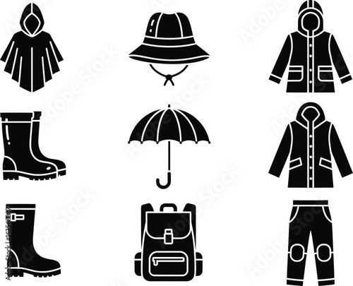 Vector art of set of rain gear icons including umbrella, boots, backpack isolated on white background vector