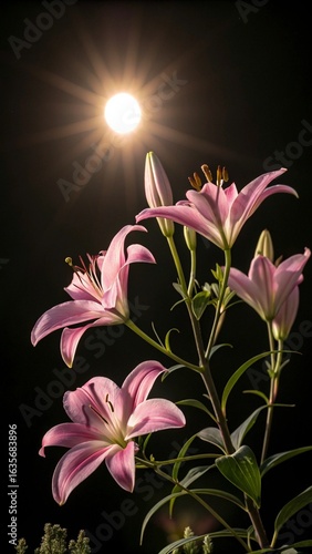 Delicate pink lilies bloom under a soft glowing light at night