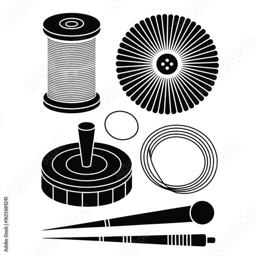 Mongolian deel button-making tools with thread spool, fabric circles, pressing mold, shaping needle, and fastening cord black and white vector
