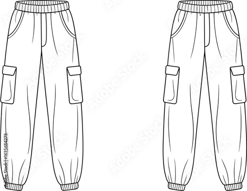 Cargo jogger pants CAD flat sketch with elastic waistband, cuffed ankles, side flap pockets, front and back technical fashion vector