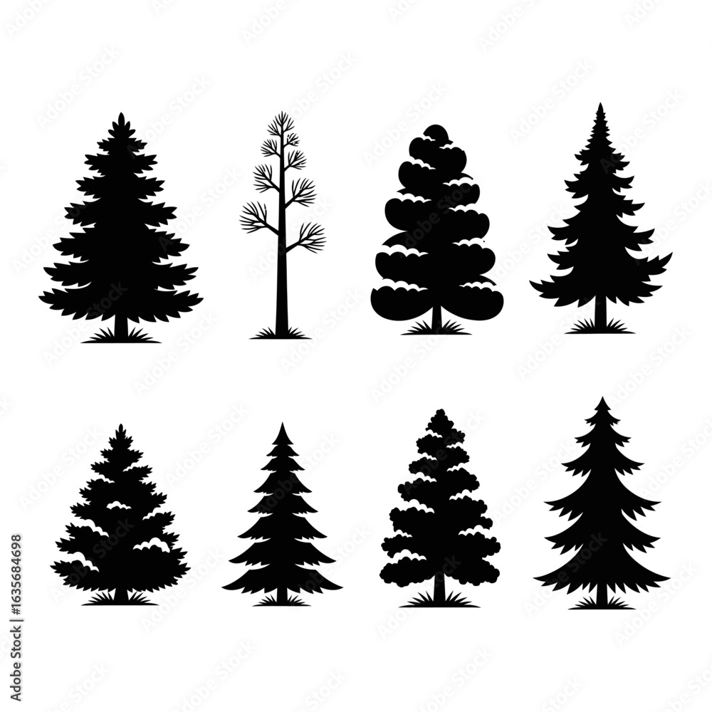 Obraz premium Black Silhouettes of Various Pine Trees Collection