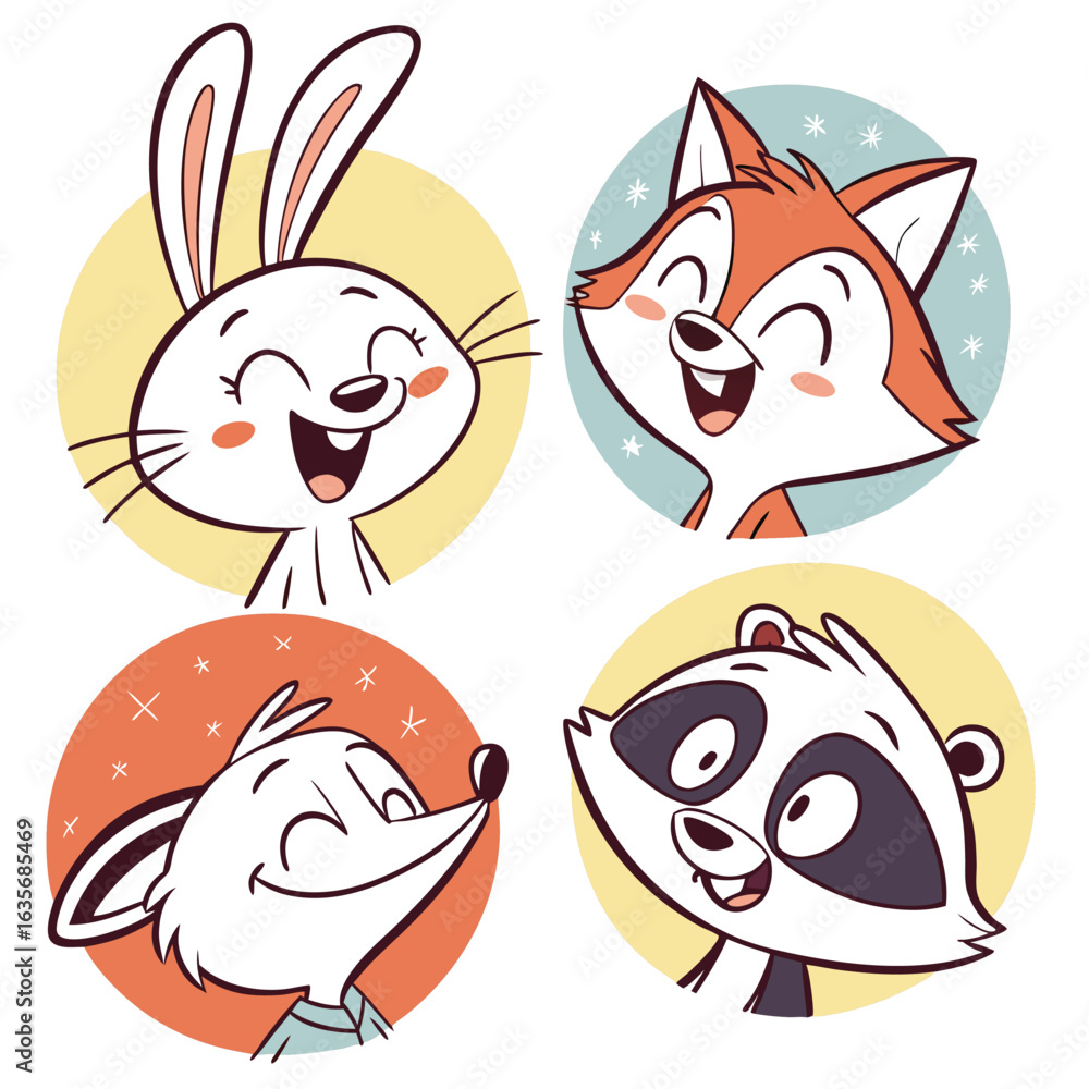 Fototapeta premium Cartoon illustration of a rabbit fox mouse and raccoon with happy expressions in colorful circle frames