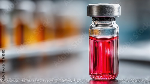 Sterile glass PRP vial with deep-red plasma on clinic counter