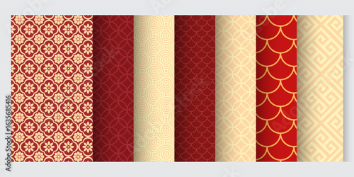 Chinese seamless pattern traditional style collection or japanese poster oriental geometric festive ornament for lunar Chinese new year decoration in Red and golden abstract asian  Vintage  background