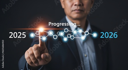 Futuristic technology concept showing business growth from 2025 leading to 2026 success