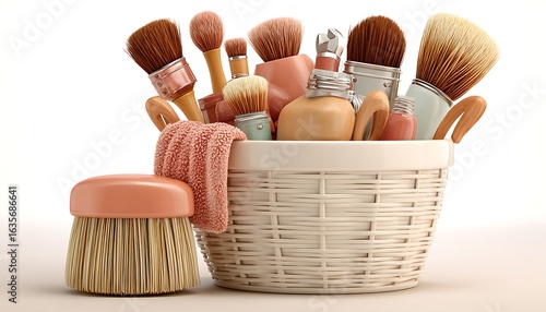 Pastel Pink and Beige Cosmetic Brushes and Bottles in Wicker Basket