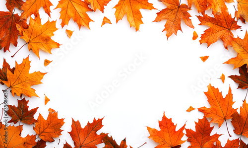 A vibrant frame of orange and red autumn maple leaves arranged on a white background with copy space.