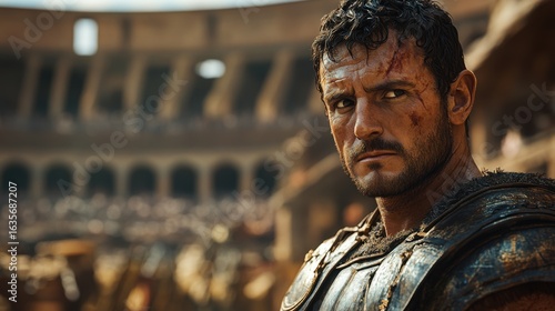 Man in a leather armor standing in a stadium roman gladiator