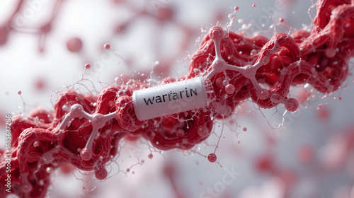Warfarin anticoagulant drug molecule. Used in thrombosis and thromboembolism prevention. Skeletal formula.