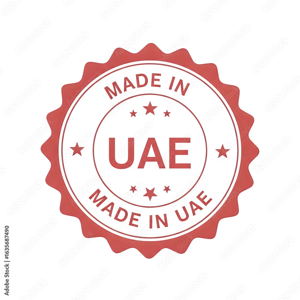 Circular red and gold emblem with the text made in uae isolated on transparent background Circular red and gold emblem with the text made in uae isolated on transparent background