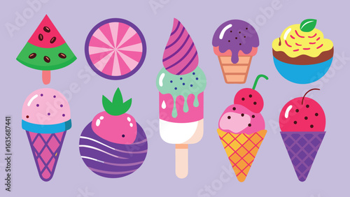 Colorful ice cream cone clipart featuring three scoops of ice cream in vibrant colors against a white background..eps